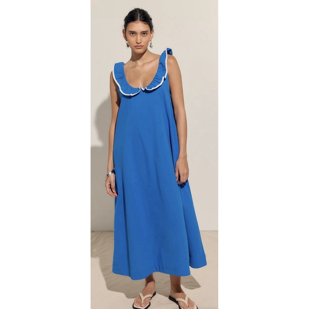 NWT $98 Free People Free-est Audra Midi Maxi Dress Ruffle Cotton Blue Pockets